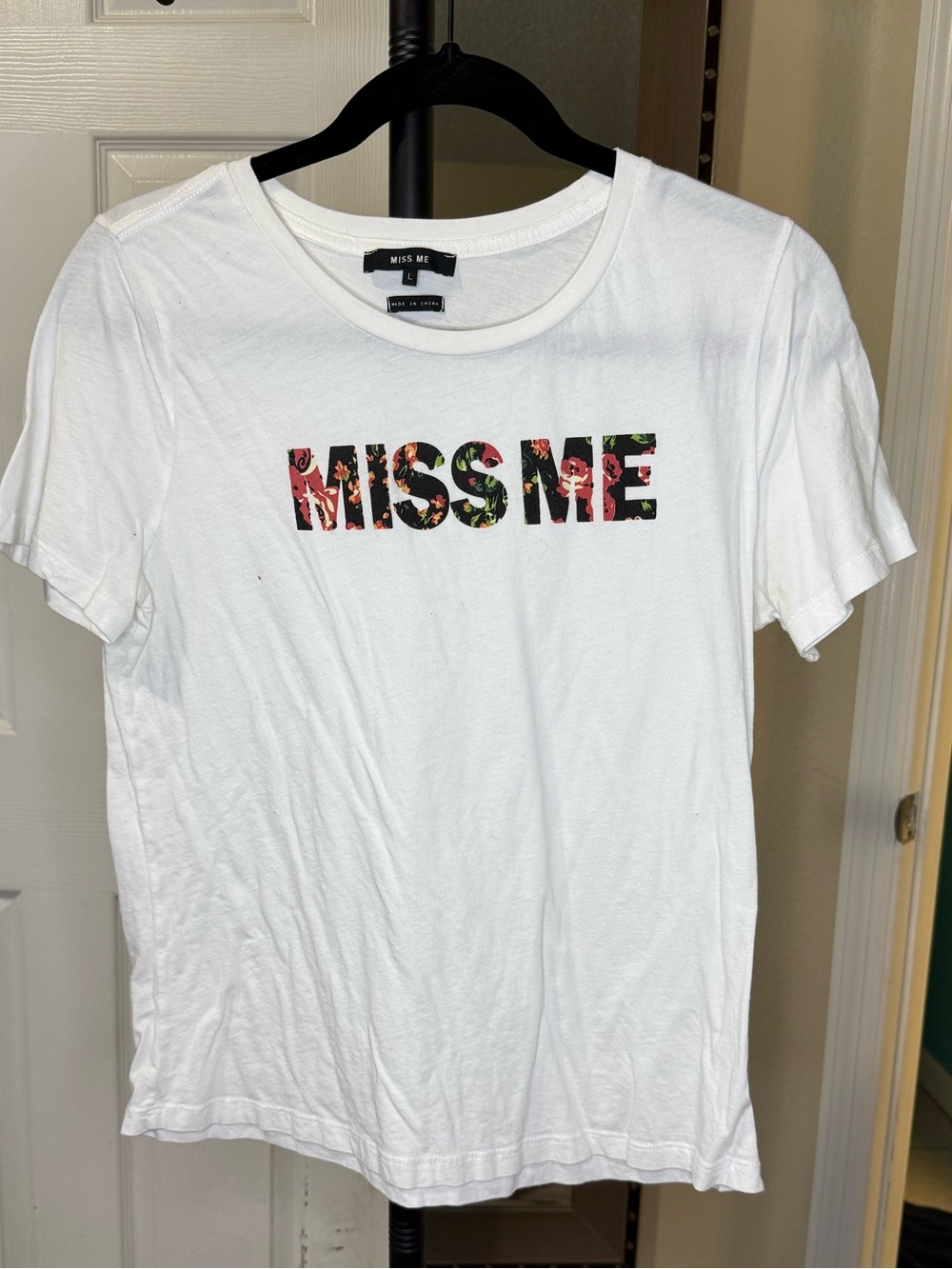 Miss Me White Tee with Multicolor Floral Logo